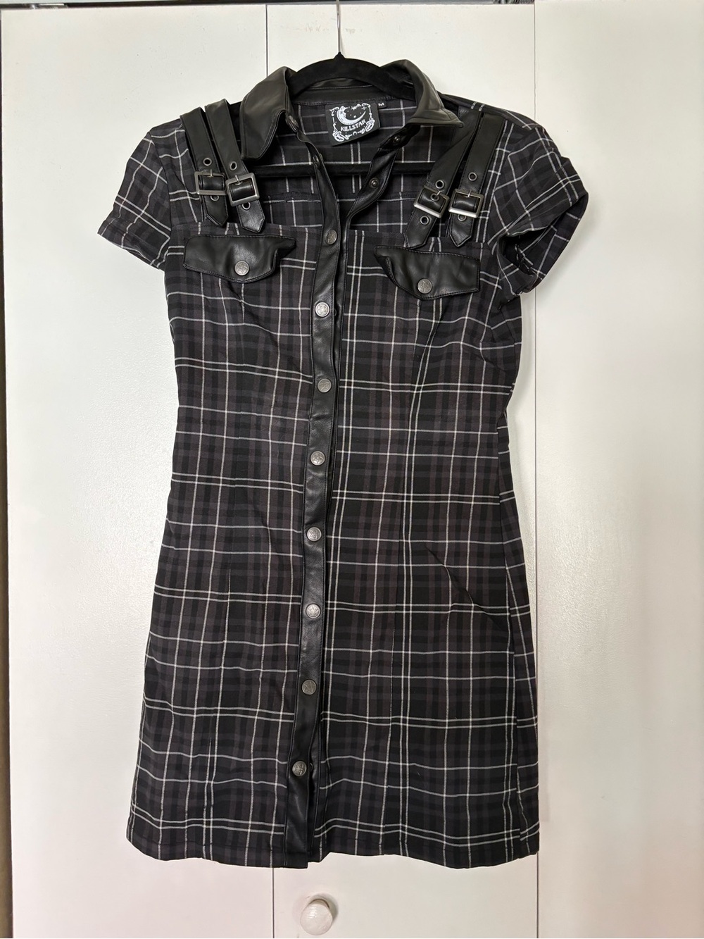 Killstar Black & Gray Plaid Mini Dress with Leather Trim